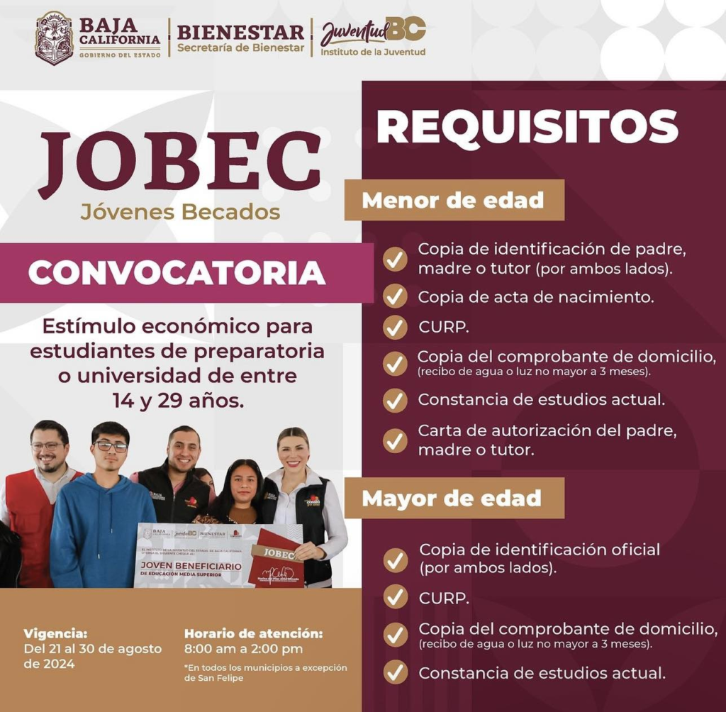 Infografía sobre el registro de becas para jóvenes estudiantes en Baja California con los requisitos y fechas importantes.