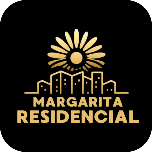 Logo de Margarita Residencial con una margarita dorada sobre edificios y montañas, representando una comunidad segura y acogedora en Tijuana.