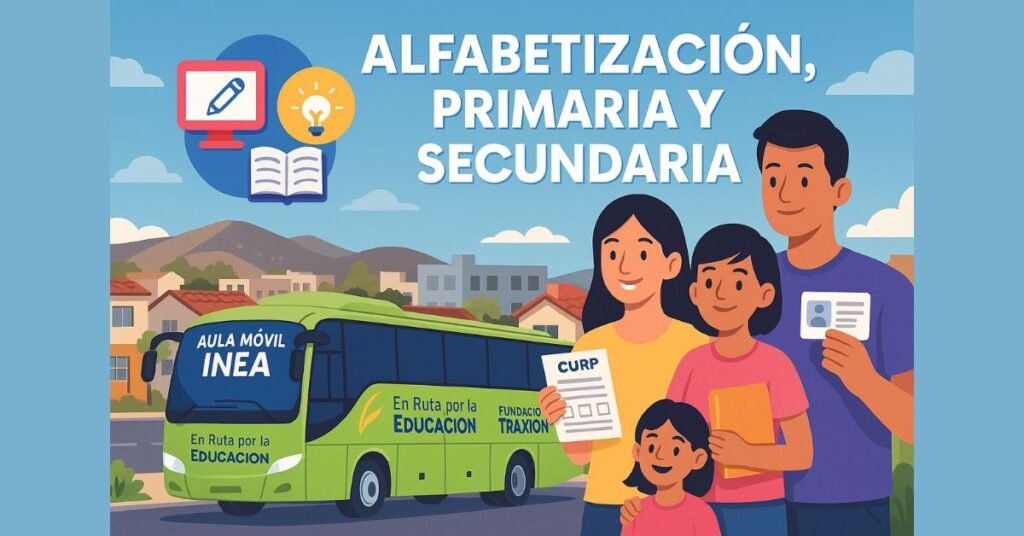 Autobús verde de Fundación Traxión rotulado “En Ruta por la Educación” frente a cancha deportiva en Margarita Residencial
