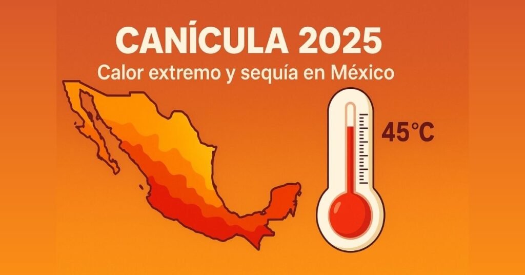 Ilustración horizontal con mapa de México coloreado por intensidad de calor y un termómetro a 45 °C para representar la canícula 2025.