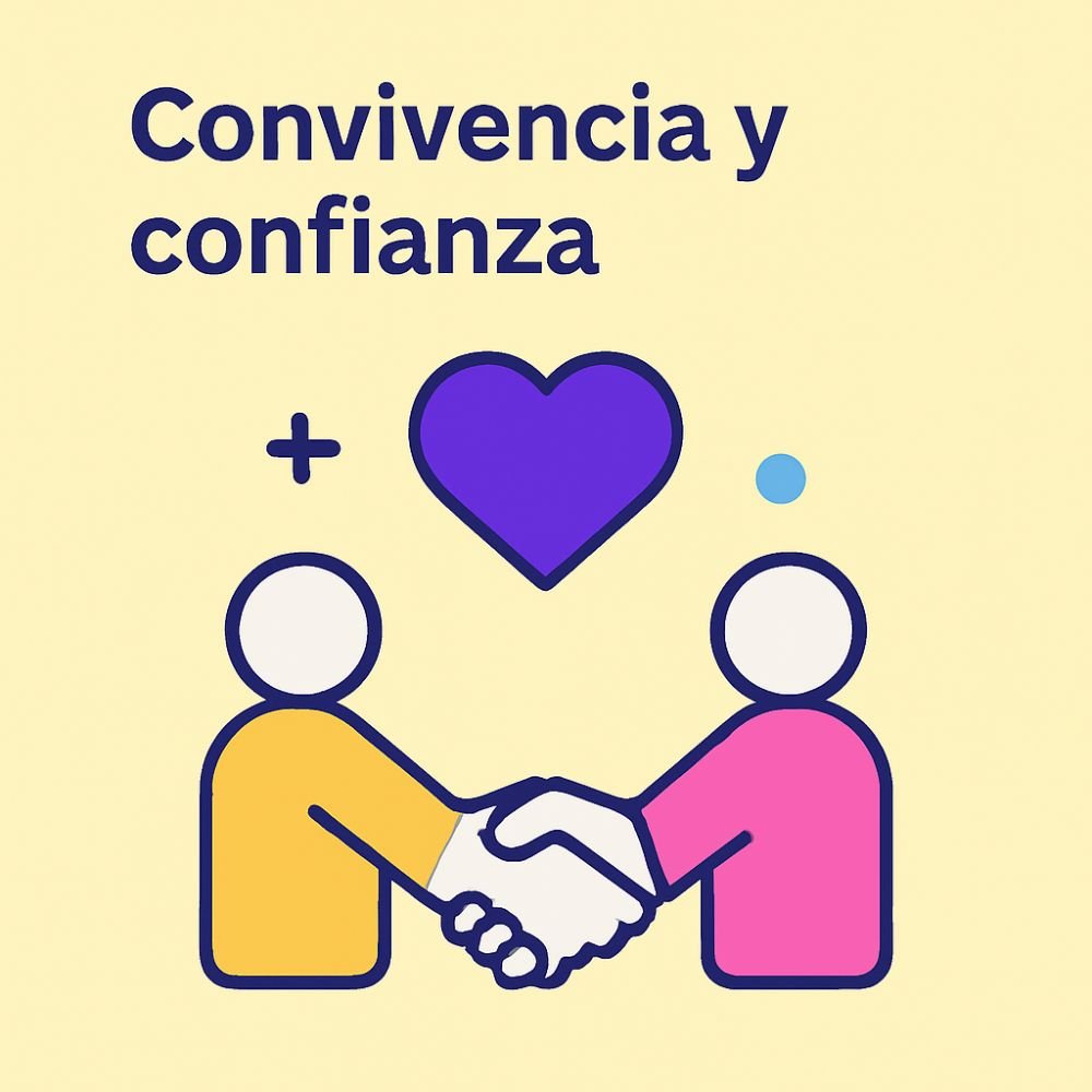 Convivencia y confianza entre vecinos Ilustración de dos personas dándose la mano bajo un corazón púrpura, sobre fondo amarillo pastel, con el texto “Convivencia y confianza”