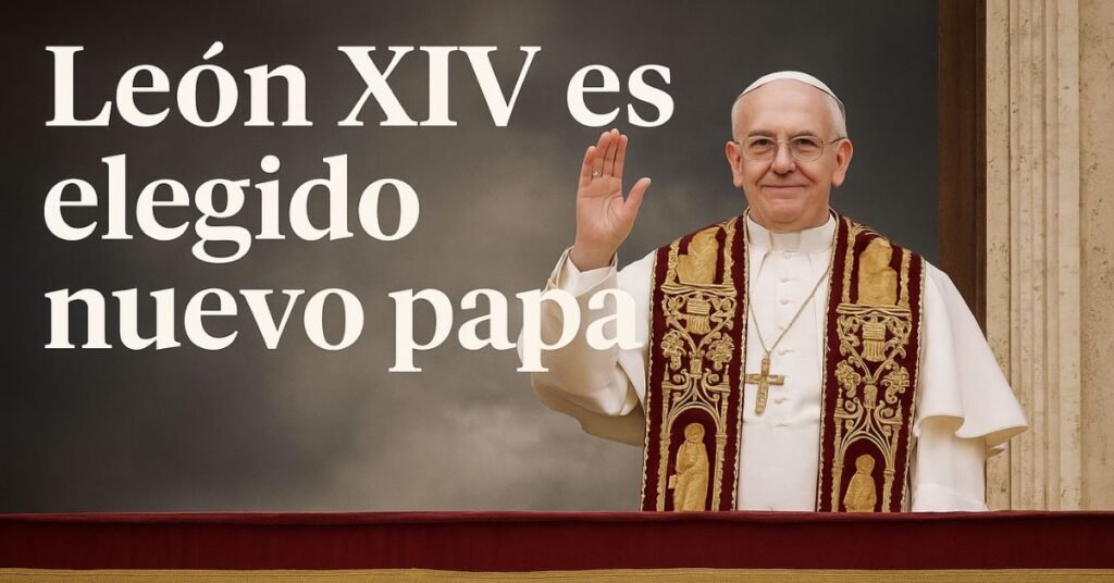 Imagen en formato digital que muestra al Papa León XIV saludando desde el balcón del Vaticano tras su elección como nuevo pontífice de la Iglesia Católica. La escena representa un momento histórico con enfoque solemne y esperanzador.