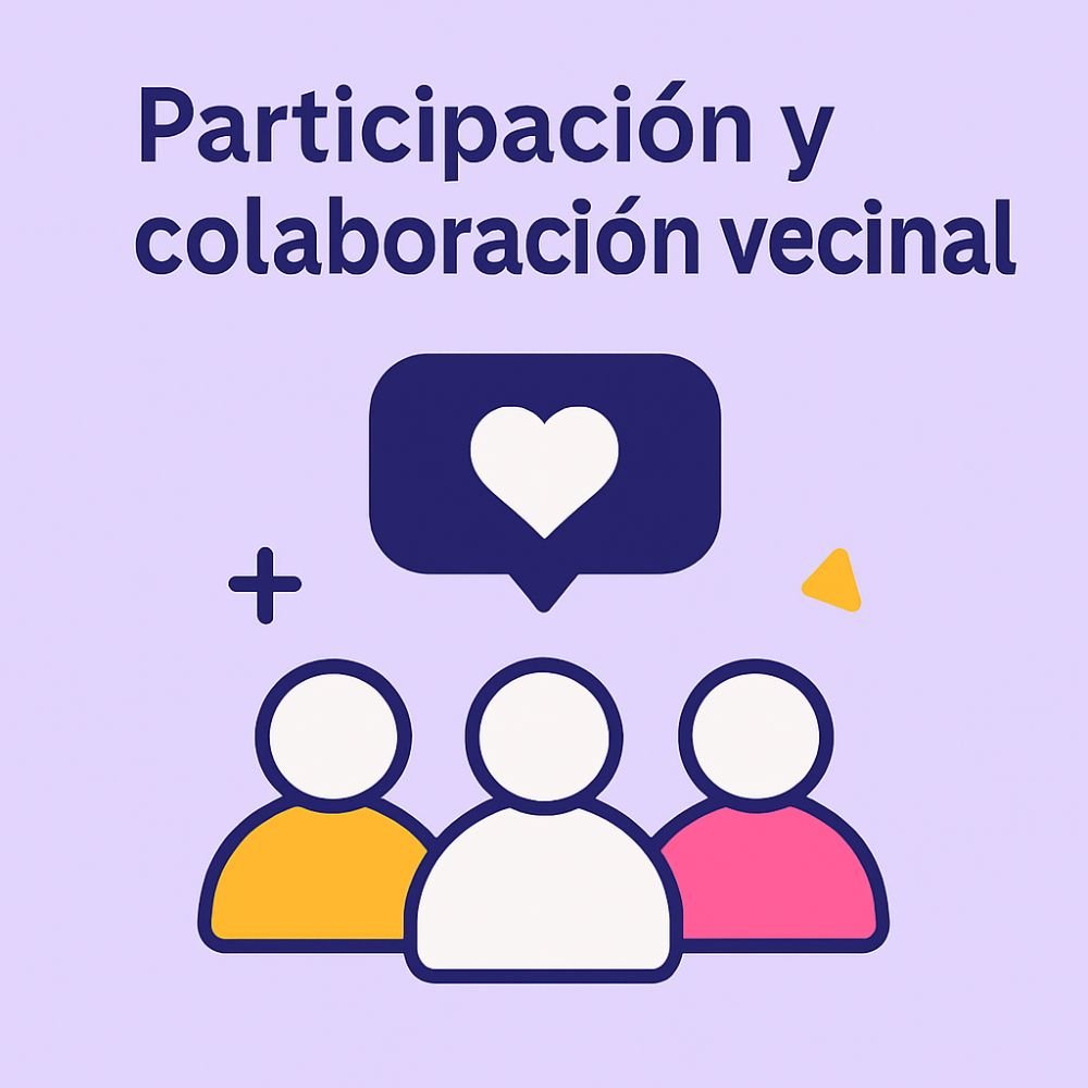 Participación vecinal en Margarita Residencial Ilustración con tres figuras humanas en semicírculo y un ícono de corazón, sobre fondo lila, con el texto “Participación y colaboración vecinal”