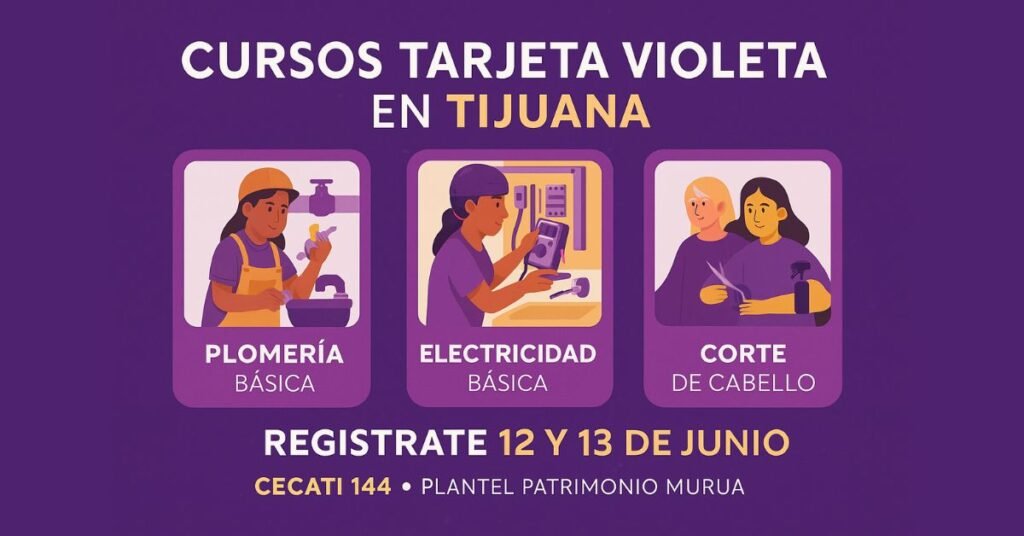 Gráfico informativo sobre cursos gratuitos de plomería, electricidad y corte de cabello para beneficiarias de la Tarjeta Violeta en Tijuana, impartidos en CECATI 144 en junio de 2025