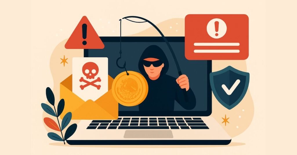 Ilustración en estilo plano que muestra a un estafador con sudadera y gafas oscuras usando una caña de pescar digital para enganchar una moneda mexicana, rodeado de símbolos de advertencia, un sobre con calavera y un escudo de seguridad, representando fraudes y phishing relacionados con programas de Bienestar.